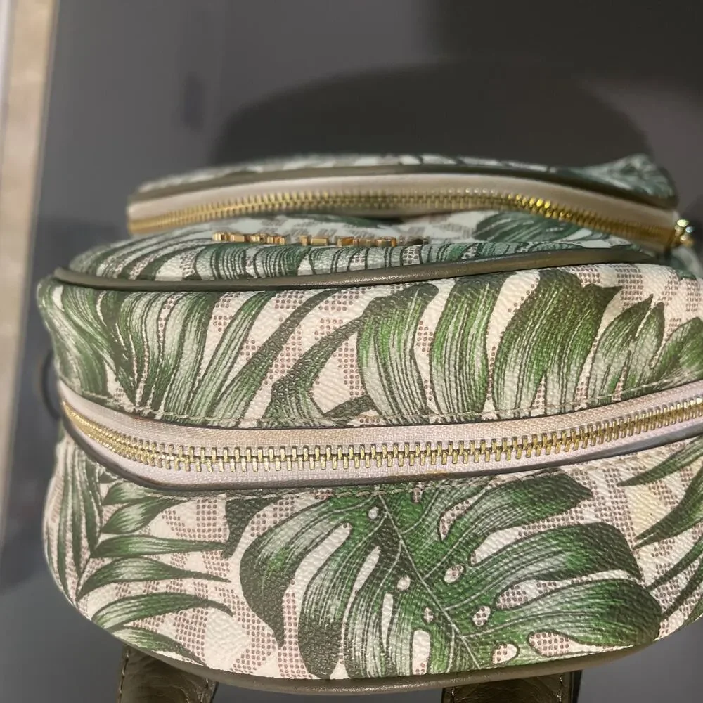NWT Michael Kors Leather Abbey Vanilla Olive MK Logo Palm Leaf Backpack Rare